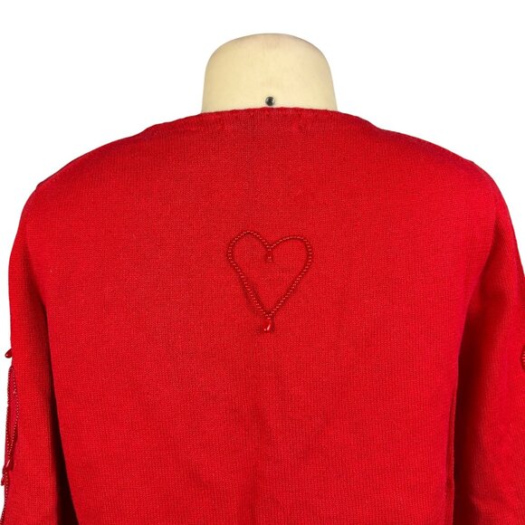 Michael Simon Red Cotton Cardigan Beaded Sequin Hearts Embellished Details Sz M - Picture 7 of 11